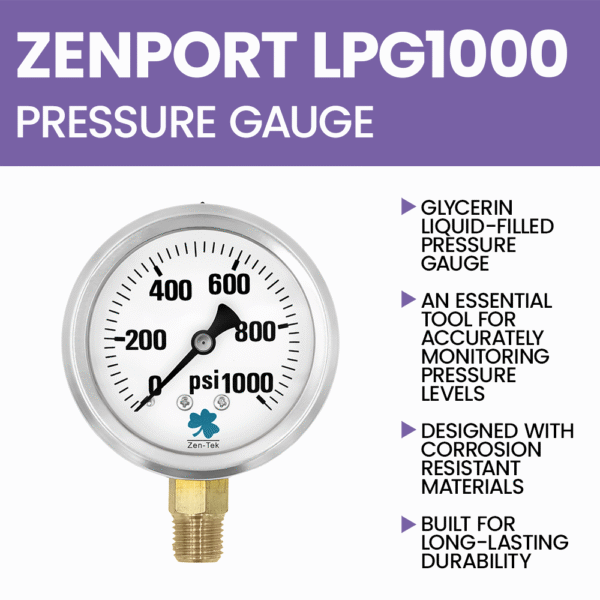 Zenport LPG1000 Glycerin Liquid Filled Pressure Gauge, 1000 PSI