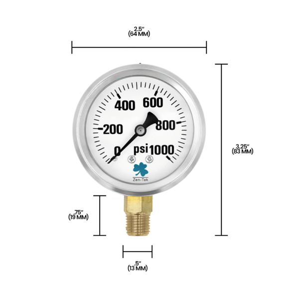 Zenport LPG1000 Glycerin Liquid Filled Pressure Gauge, 1000 PSI