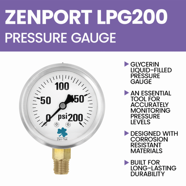 Zenport LPG200 Glycerin Liquid Filled Pressure Gauge, 200 PSI