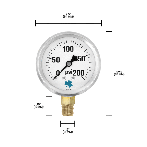Zenport LPG200 Glycerin Liquid Filled Pressure Gauge, 200 PSI