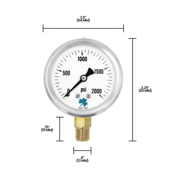 Zenport LPG2000 Glycerin Liquid Filled Pressure Gauge, 2000 PSI