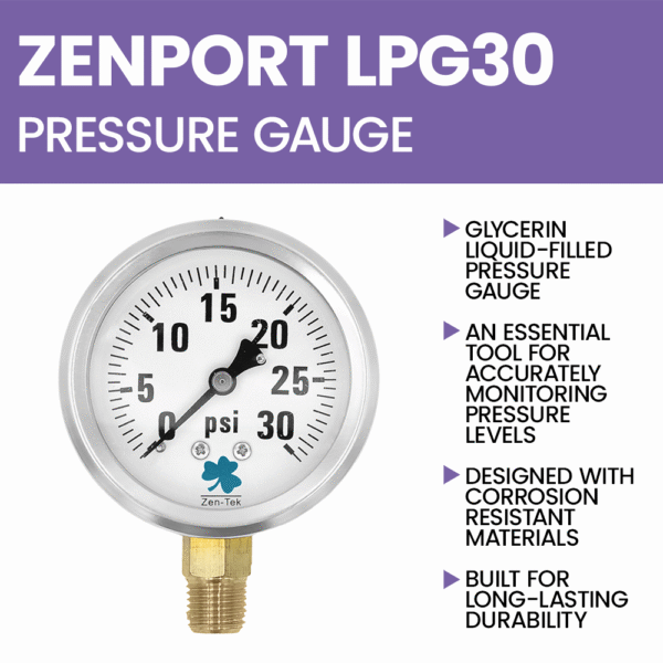 Zenport LPG30 Glycerin Liquid Filled Pressure Gauge, 30 PSI