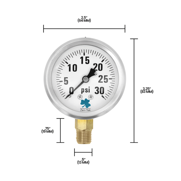 Zenport LPG30 Glycerin Liquid Filled Pressure Gauge, 30 PSI