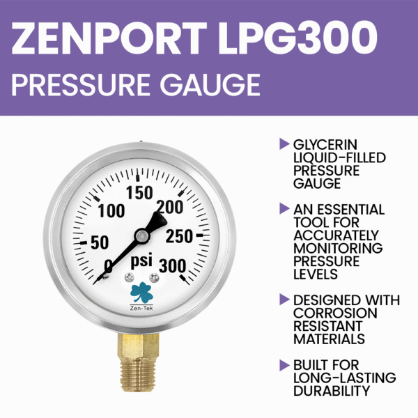 Zenport LPG300 Glycerin Liquid Filled Pressure Gauge, 300 PSI
