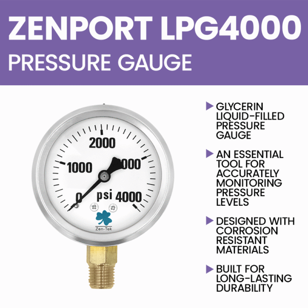 Zenport LPG4000 Glycerin Liquid Filled Pressure Gauge, 4000 PSI