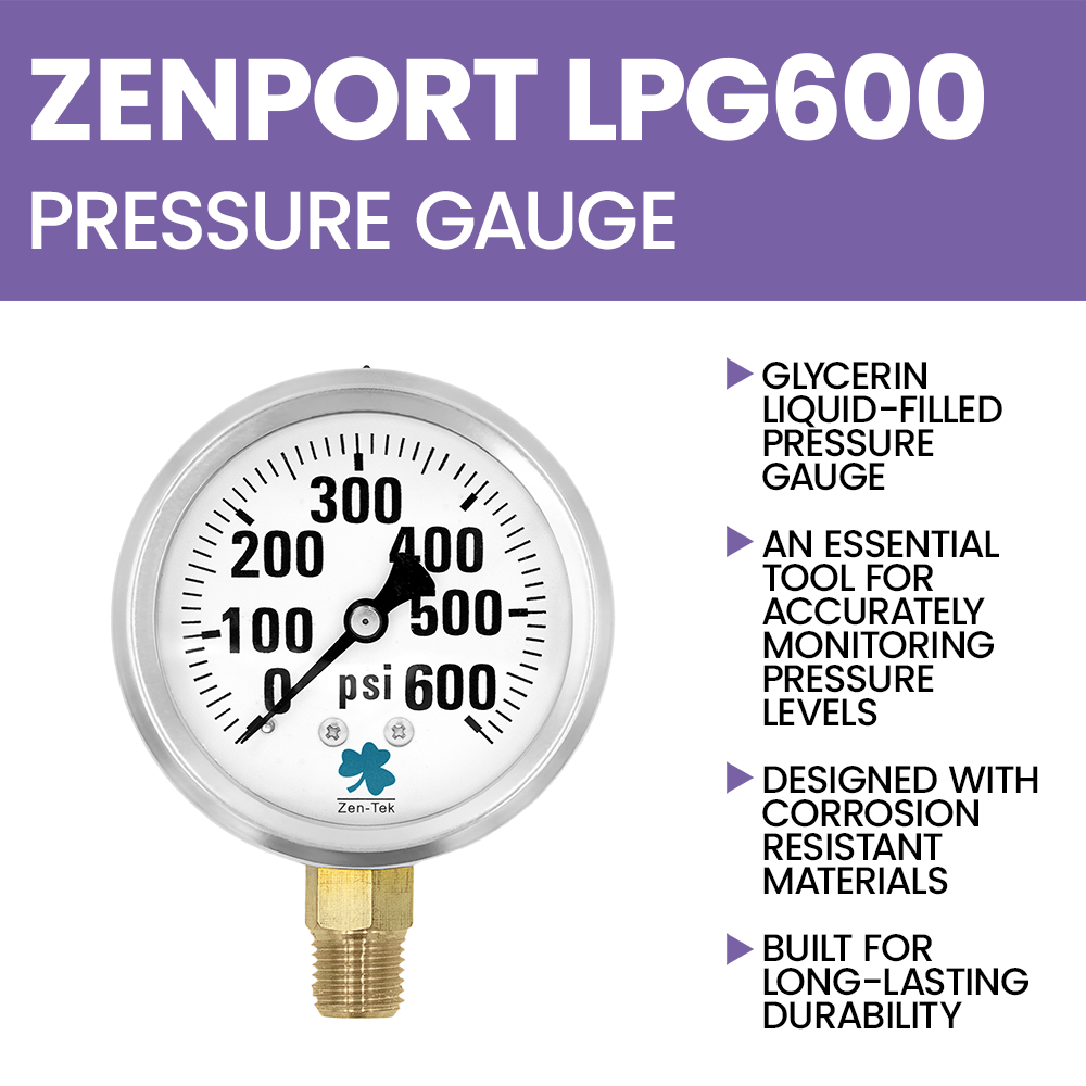 Zenport LPG600 Glycerin Liquid Filled Pressure Gauge, 600 PSI