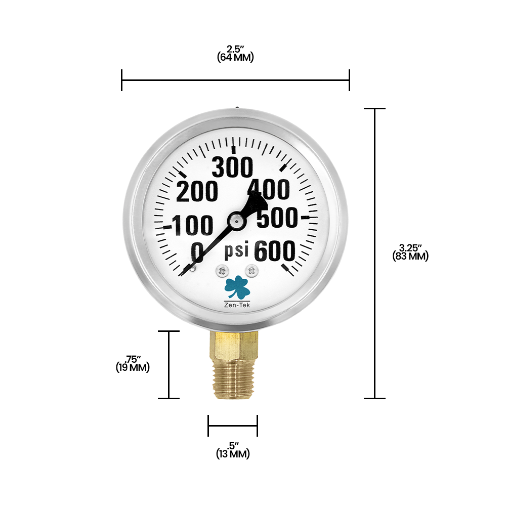 Zenport LPG600 Glycerin Liquid Filled Pressure Gauge, 600 PSI