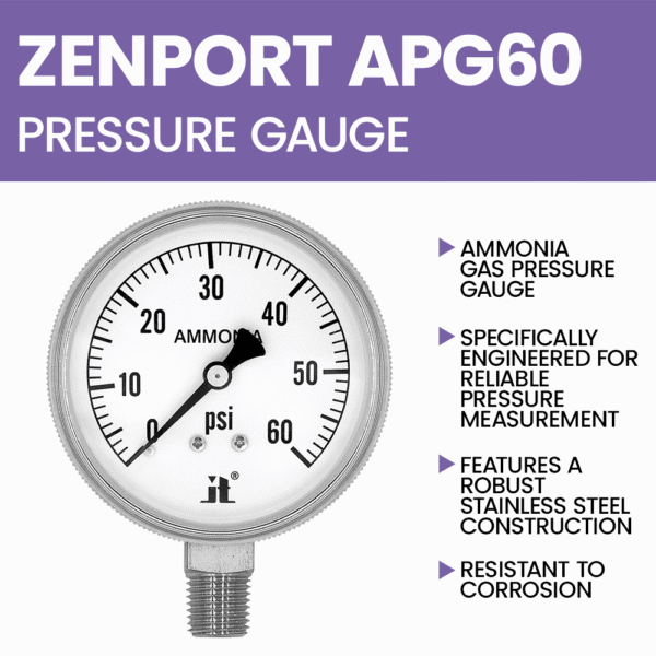 Zenport APG60 Ammonia Gas Pressure Gauge, 60 PSI