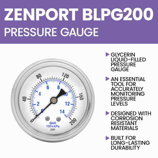 Zenport BLPG200 Glycerin Liquid Filled Pressure Gauge, Back Mount, 0-200 PSI
