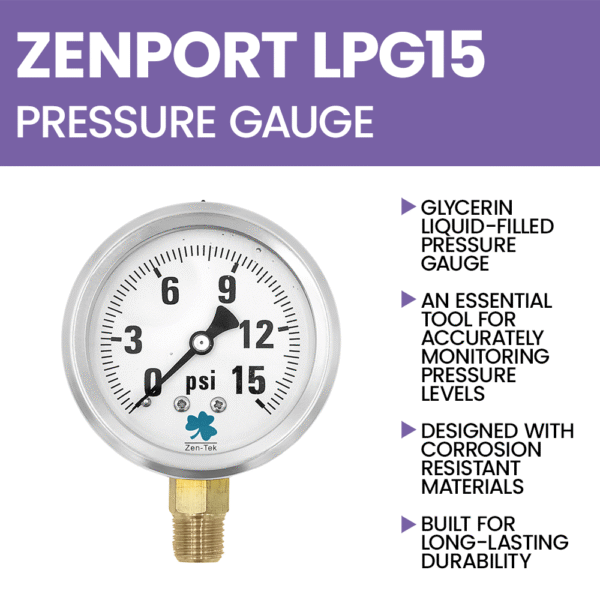 Zenport LPG15 Glycerin Liquid Filled Pressure Gauge, 15 PSI