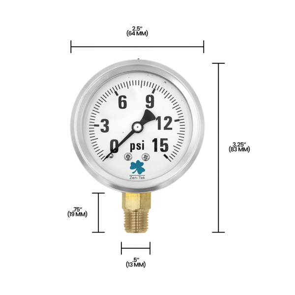 Zenport LPG15 Glycerin Liquid Filled Pressure Gauge, 15 PSI