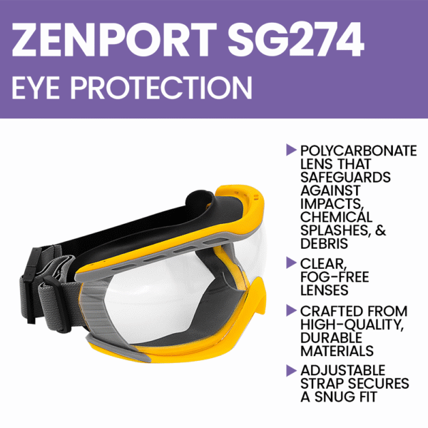 Zenport SG274 Safety Goggles Clear Lens, Flex Seal, Yellow