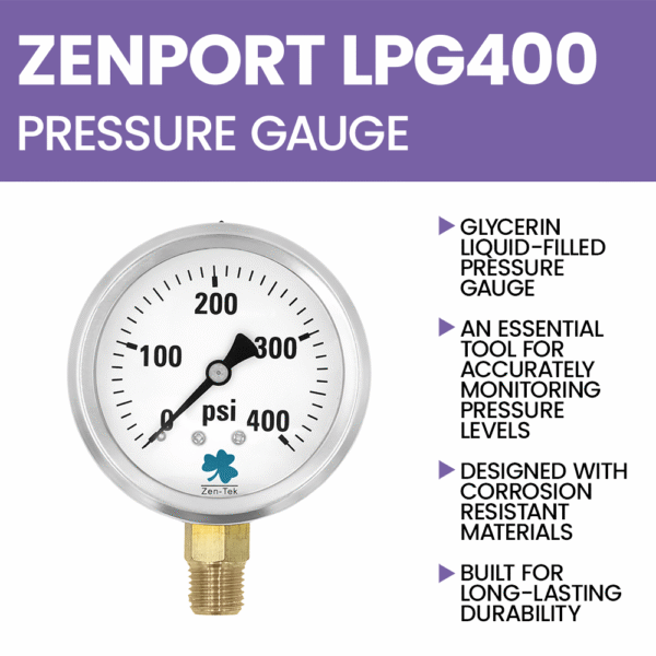 Zenport LPG400 Glycerin Liquid Filled Pressure Gauge, 400 PSI